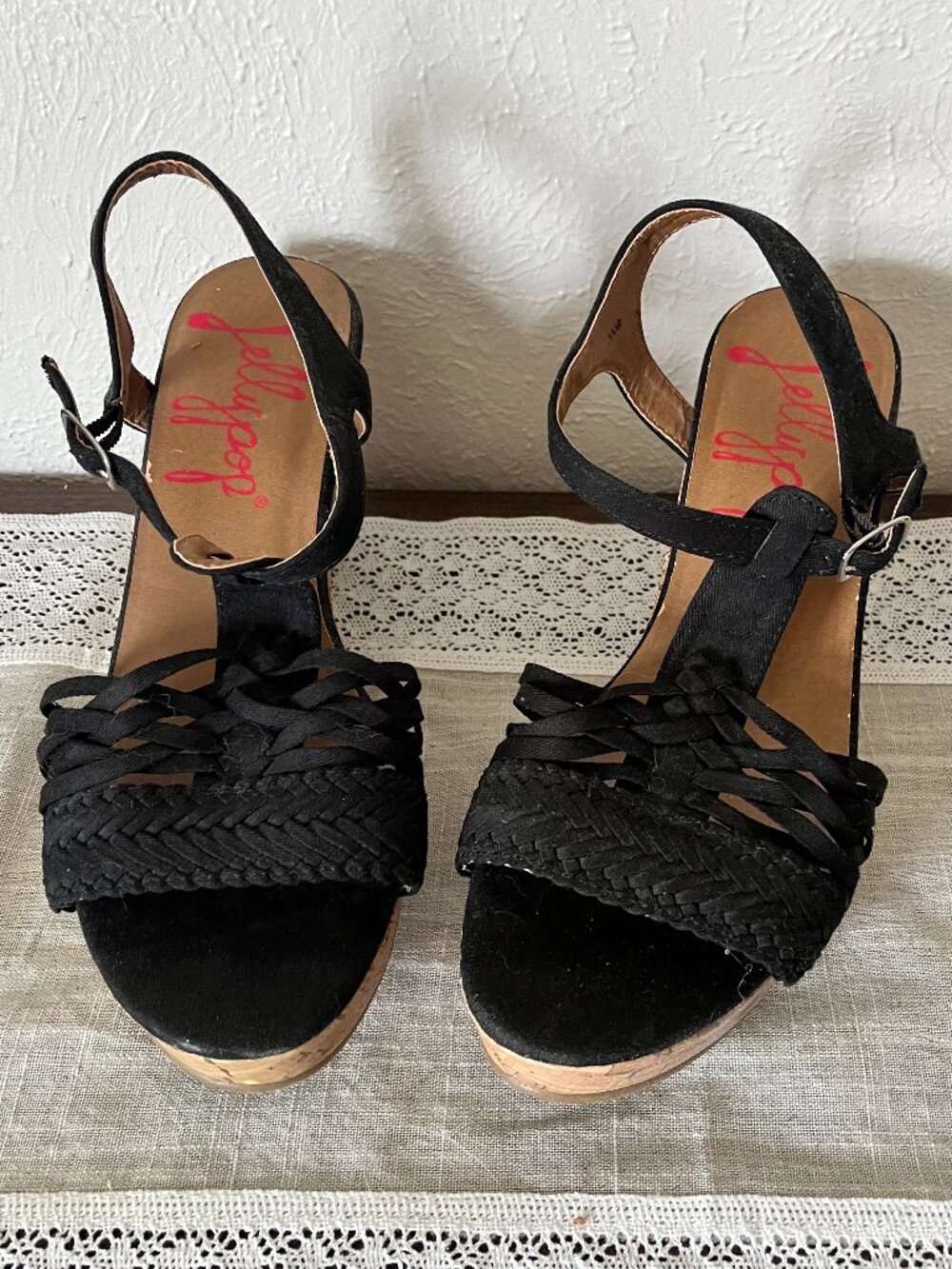 Women's Jellypop Black Crochet Sling Back Wedge Cork Heels Size 11